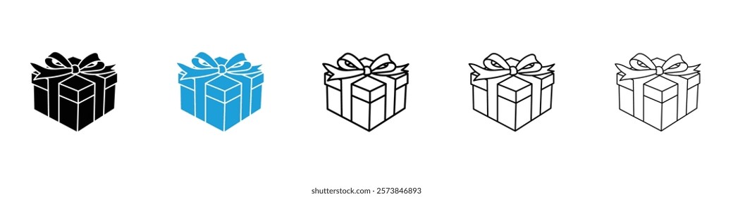 Gift box with ribbon icons in filled and 3 stroke weights