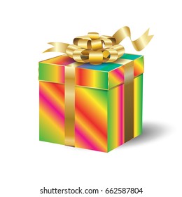 Gift box with ribbon isolated on white. Gift Present box and gold bow tie ribbons. Shiny, festive template for Holiday Events design. Christmas decoration, New Year celebration, Birthday 3D box Vector