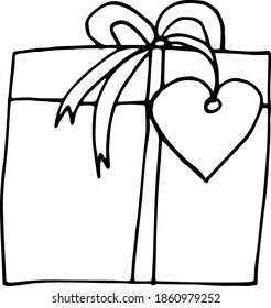 caja de regalo con cinta y etiqueta icono del corazón, pegatina. boceto dibujado a mano. minimalismo monocromático vectorial escandinavo. día de San Valentín, amor.