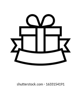 Gift box with ribbon label vector illustration, line design icon