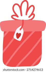Caja de regalo con tapa de cinta, patrón de rayas diagonales y etiqueta de corazón colgante, aislado en blanco. Símbolo de dar, amor, sorpresa y celebración por vacaciones o cumpleaños. Ilustración vectorial de dibujos animados.