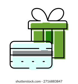 Caja de regalo con una cinta y tarjeta de crédito azul claro con una banda magnética gris que ilustra conceptos de compras, recompensas, pagos, descuentos y lealtad del Cliente