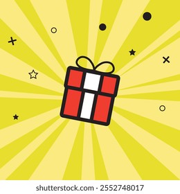 Gift box with ribbon line icon isolated on yellow. Vector illustration