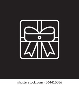 Gift box with ribbon line icon, outline vector sign, linear white pictogram isolated on black. Present symbol, logo illustration