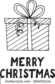 gift box with ribbon and merry christmas lettering. template card, poster, wish, invitation. sketch hand drawn doodle. vector scandinavian monochrome minimalism.