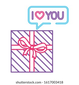 gift box with ribbon in neon light on white background