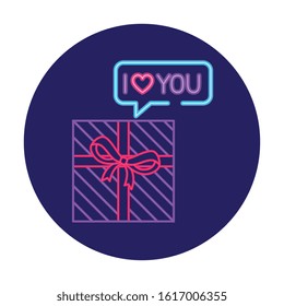 gift box with ribbon in neon light, valentine day vector illustration design