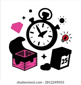 Gift box with ribbon and number twentyfive beside stopwatch and sparkles