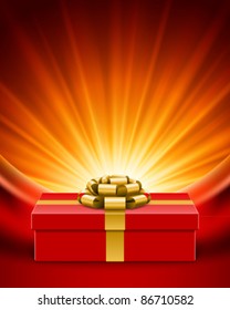 Gift box with ribbon on curtain and light. Vector background eps 10.