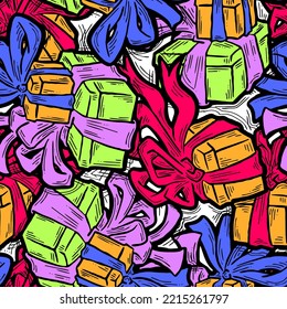 Gift box with ribbon seamless vector pattern for wrapping present with bow, party celebration, sale promotion, Textile print, fabric design, banner background. Hand drawn illustration cartoon style.