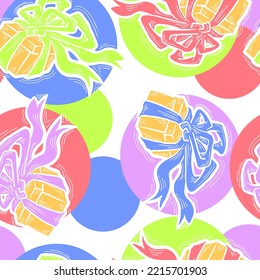 Casilla de regalo con lazo sin fisuras patrón vectorial para envolver presente con arco, celebración de fiesta, promoción de venta, impresión textil, diseño de tela, fondo de banner. Estilo de dibujos animados ilustrados por mano.