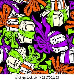 Gift box with ribbon seamless vector pattern for wrapping present with bow, party celebration, sale promotion, Textile print, fabric design, banner background. Hand drawn illustration cartoon style.