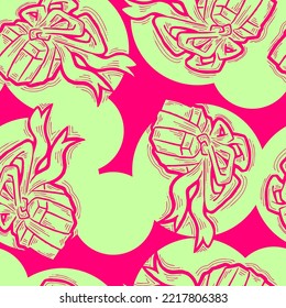 Gift box with ribbon seamless vector pattern for wrapping present with bow, party celebration, sale promotion, Textile print, fabric design, banner background. Hand drawn illustration cartoon style.