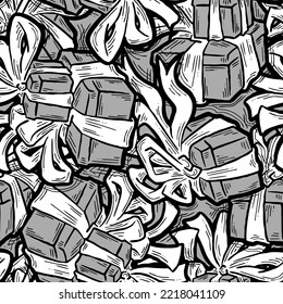Gift box with ribbon seamless vector pattern for wrapping present with bow, party celebration, sale promotion, Textile print, fabric design, banner background. Hand drawn illustration cartoon style.
