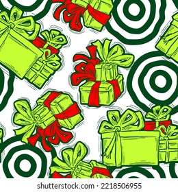 Casilla de regalo con lazo sin fisuras patrón vectorial para envolver presente con arco, celebración de fiesta, promoción de venta, impresión textil, diseño de tela, fondo de banner. Estilo de dibujos animados ilustrados por mano.