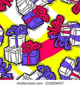 Gift box with ribbon seamless vector pattern for wrapping present with bow, party celebration, sale promotion, Textile print, fabric design, banner background. Hand drawn illustration cartoon style.