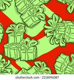 Gift box with ribbon seamless vector pattern for wrapping present with bow, party celebration, sale promotion, Textile print, fabric design, banner background. Hand drawn illustration cartoon style.