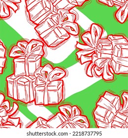 Gift box with ribbon seamless vector pattern for wrapping present with bow, party celebration, sale promotion, Textile print, fabric design, banner background. Hand drawn illustration cartoon style.