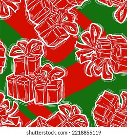 Geschenkbox mit Band nahtlose Vektormuster zum Umwickeln mit Schleife, Feiern, Verkaufsförderung, Textil-Druck, Stoffdesign, Banner-Hintergrund. Handgezeichneter Zeichentrickstil.