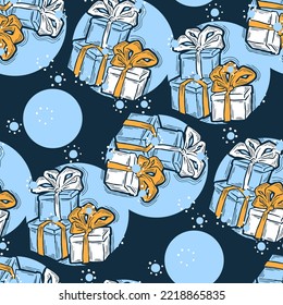 Gift box with ribbon seamless vector pattern for wrapping present with bow, party celebration, sale promotion, Textile print, fabric design, banner background. Hand drawn illustration cartoon style.