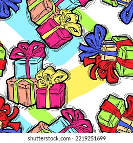 Gift box with ribbon seamless vector pattern for wrapping present with bow, party celebration, sale promotion, Textile print, fabric design, banner background. Hand drawn illustration cartoon style.