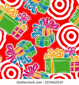 Gift box with ribbon seamless vector pattern for wrapping present with bow, party celebration, sale promotion, Textile print, fabric design, banner background. Hand drawn illustration cartoon style.