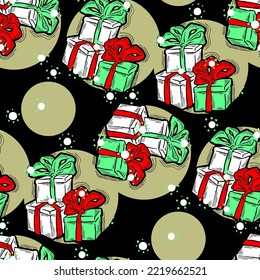 Gift box with ribbon seamless vector pattern for wrapping present with bow, party celebration, sale promotion, Textile print, fabric design, banner background. Hand drawn illustration cartoon style.