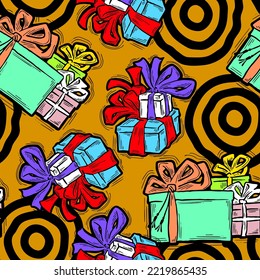 Gift box with ribbon seamless vector pattern for wrapping present with bow, party celebration, sale promotion, Textile print, fabric design, banner background. Hand drawn illustration cartoon style.