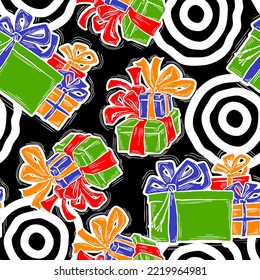 Gift box with ribbon seamless vector pattern for wrapping present with bow, party celebration, sale promotion, Textile print, fabric design, banner background. Hand drawn illustration cartoon style.