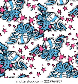 Gift box with ribbon seamless vector pattern for wrapping present with bow, party celebration, sale promotion, Textile print, fabric design, banner background. Hand drawn illustration cartoon style.