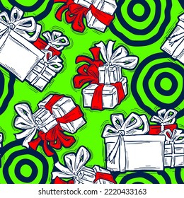 Gift box with ribbon seamless vector pattern for wrapping present with bow, party celebration, sale promotion, Textile print, fabric design, banner background. Hand drawn illustration cartoon style.