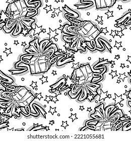 Gift box with ribbon seamless vector pattern for wrapping present with bow, party celebration, sale promotion, Textile print, fabric design, banner background. Hand drawn illustration cartoon style.