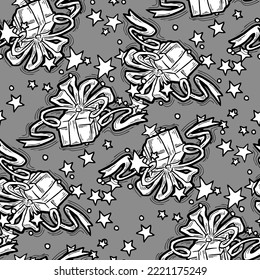 Casilla de regalo con lazo sin fisuras patrón vectorial para envolver presente con arco, celebración de fiesta, promoción de venta, impresión textil, diseño de tela, fondo de banner. Estilo de dibujos animados ilustrados por mano.