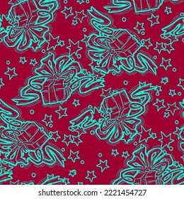 Casilla de regalo con lazo sin fisuras patrón vectorial para envolver presente con arco, celebración de fiesta, promoción de venta, impresión textil, diseño de tela, fondo de banner. Estilo de dibujos animados ilustrados por mano.