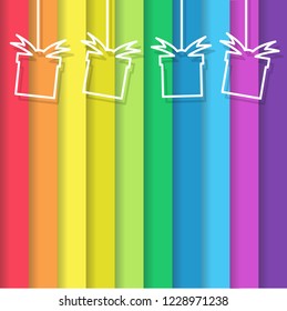 Gift box and ribbon with shadow on rainbow background, copy space for text, Vector illustration.