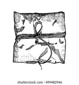 Gift box with ribbon, string and bow. Hand drawn realistic illustration. Top view close up drawing of gift box Isolated on white background. 