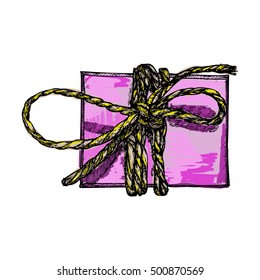 Gift box with ribbon, string and bow in colour. Hand drawn realistic illustration. Top view close up drawing of gift box Isolated on white background. 