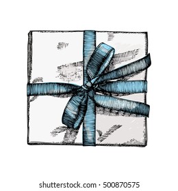 Gift box with ribbon, string and bow in colour. Hand drawn realistic illustration. Top view close up drawing of gift box Isolated on white background. 