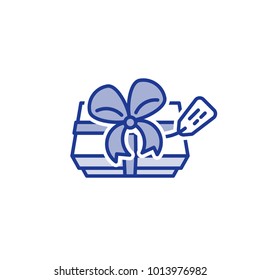 Gift box with ribbon and tag label, top view, elegant present for special event, premium birthday package, vector line icon