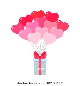 gift box with ribbon tied to inflatable gel balloons. holiday concept for valentine's day, birthday. vector illustration isolated on white background