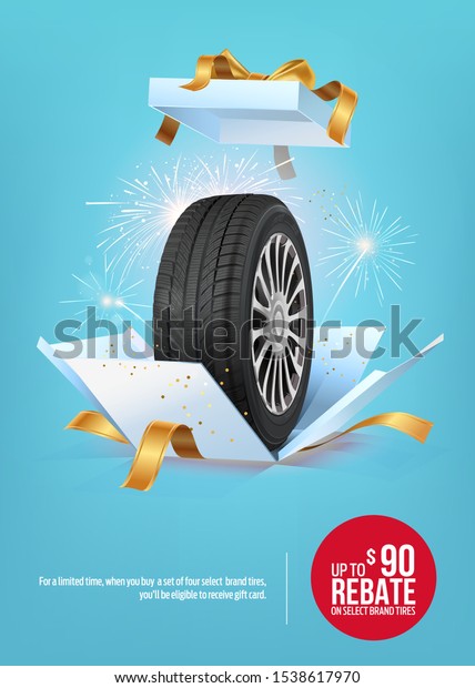 Gift box with ribbon. Tire car advertisement poster.\
Realistic vector shining disk car. Information. Store. Action.\
Vertical poster, digital banner, flyer, booklet, brochure and web\
design. 