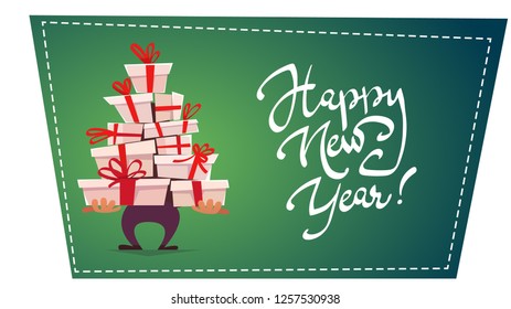 gift box with ribbon and tired bow , many gifts boxes and garland decor presents wishes stack, holiday greeting postcard card party invitation . vector cartoon funny style illustration