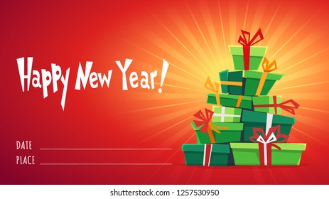 gift box with ribbon and tired bow , many gifts boxes and garland decor presents wishes stack, holiday greeting postcard card party invitation . vector cartoon funny style illustration