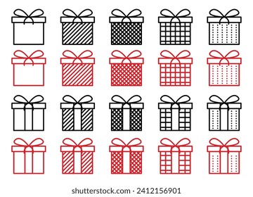 Caja de regalo con icono de vector de cinta de cinta de color negro y rojo. símbolo de regalo de navidad. signo de caja de cambios