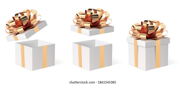 Gift Box With Ribbon, Vector Isolated Illustration. Open And Closed Present With A Gold Bow. Xmas Boxes Set. EPS 10.