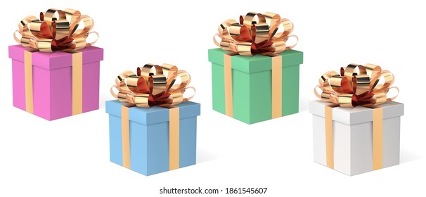 Gift box with ribbon, vector isolated illustration. Present with  a gold bow. Xmas boxes set. EPS 10.