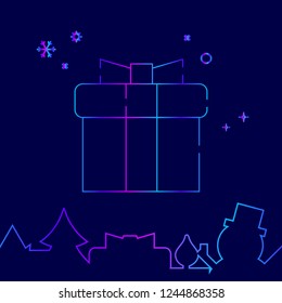 Gift Box with Ribbon Vector Line Icon. Christmas and New Year Gradient Symbol, Pictogram, Sign. Dark Blue Background. Light Abstract Geometric Background. Related Bottom Border