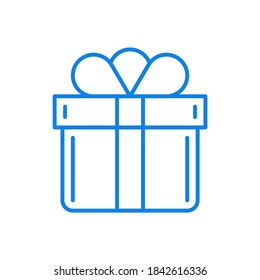 Gift box with ribbon vector line icon. Happy birthday present prize for lucky winner. Beautiful commemorative decoration and free bonus when buying things discount holiday with surprise.