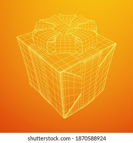 Gift Box with ribbon. Wireframe low poly mesh vector illustration.