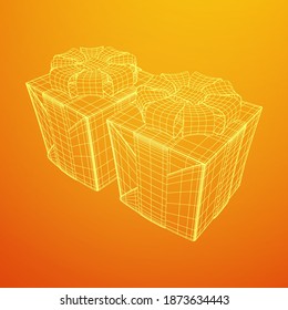 Gift Box with ribbon. Wireframe low poly mesh vector illustration.